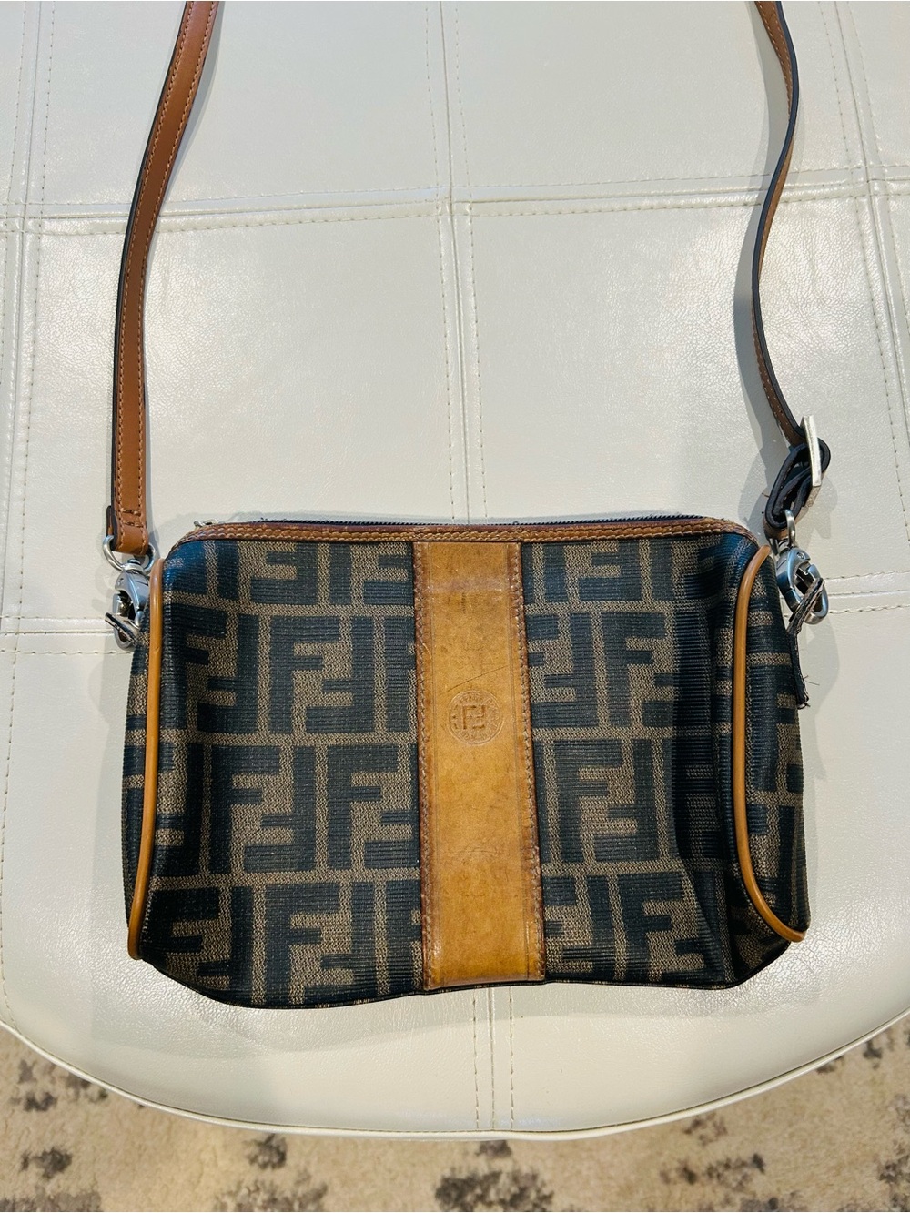 Vintage Fendi Zucca Brown Monogram Mini Crossbody with Tan Leather Trim